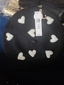 Accessorise Heart applique wool blend beret hat cap black white brand new