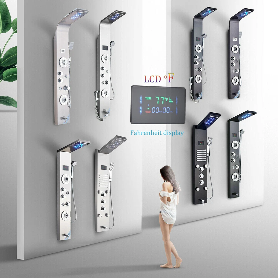 ELLO&ALLO Bathroom LED Shower Panel Tower Rain Waterfall Massage Body Jet System - Image 1 of 1