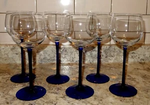 *6* Vintage Balloon Wine Glasses Cobalt Blue stem 8 7/8" tall unmarked - Picture 1 of 6