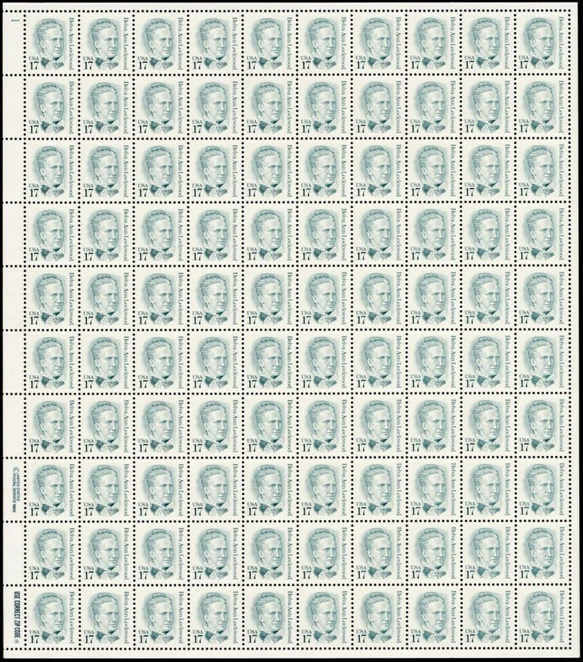 US, 2178, Complete Sheet of 100 17¢ Stamps Belva Ann Lockwood Mint Never Hinged - Image 1 of 1