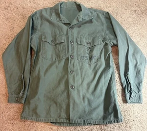 Vintage USMC Shirt Men's Large OG-107 Green Long Sleeve Button Up Cotton Sateen - Picture 1 of 5