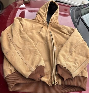 Carhartt Tan Canvas Men’s Fleece Lined Jacket RN #14806 Hooded Full Zip L - Picture 1 of 12