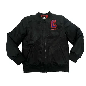 Converse Bomber Jacket Youth Large Black Full Zip Chenille Logo C Pockets - Picture 1 of 15