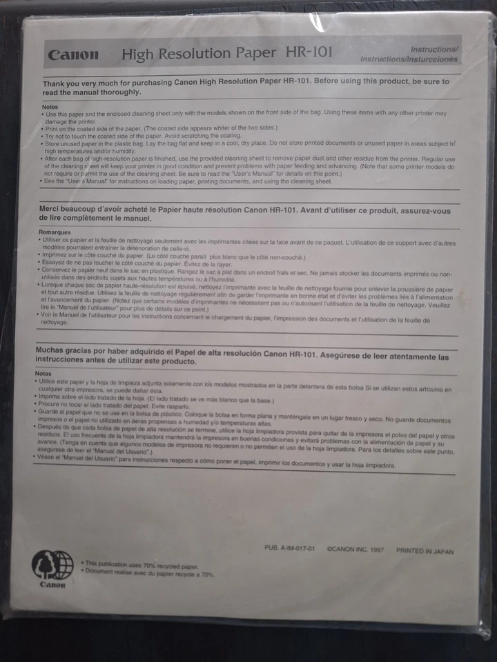 New Canon HR-101 High Resolution Paper, 8-1/2 x 11, White, 100 Sheets No Box - Image 1 of 3