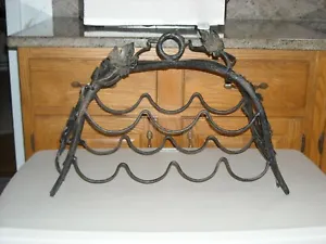 Vintage 7 Bottle Wine Holder Rack Wrought Iron DECORATIVE GRAPE VINES VERY HEAVY - Picture 1 of 9