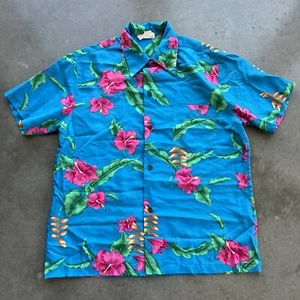 Vintage 1950s Rare Royal Hawaiian Button Down Shirt XL Blue Floral Aloha Cruise - Picture 1 of 7