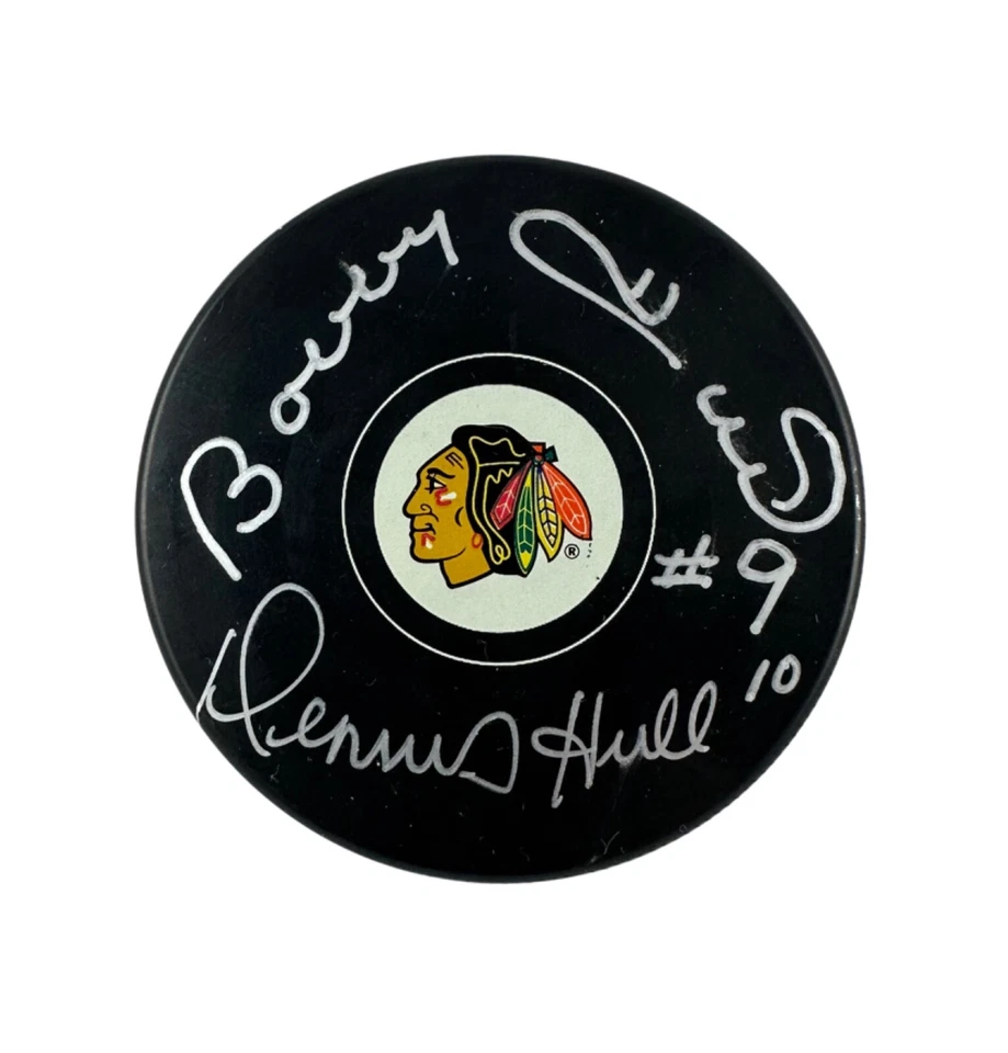 Disco de hockey autografiado firmado por Bobby Hull Dennis Hull Chicago Blackhawks certificado de autenticidad Foto 1 de 1