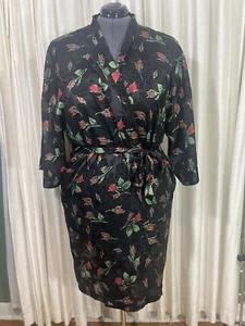 Lane Bryant Robe Tie Belt Red Rose Print Black Burnout Satin Vintage Size 14/20 - Picture 1 of 10