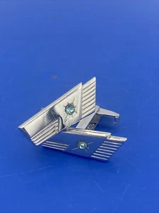 Vintage Foster Cuff Links Silver Tone Blue Rhinestone MCM Retro Chrome - Picture 1 of 7