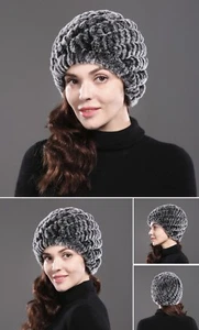 Cappello donna Reversibile pelliccia lana tricot in lapin rex  grigio  - Foto 1 di 6