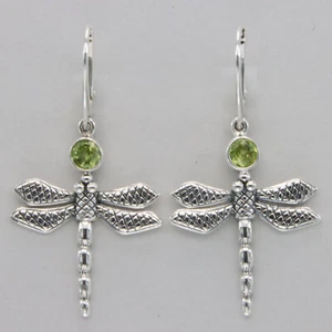 925 Sterling Silver - Green Peridot Dragonfly Leverback Drop / Dangle Earrings - Picture 1 of 9
