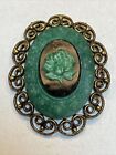 Vtg. Glowing Rosettes Green Peking Glass Stone Layered 3D Antiqued Metal Brooch