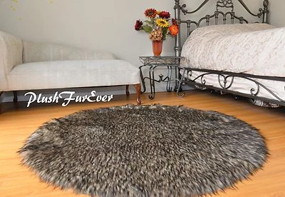 5' Black Tip Coyote Accent Faux Fur Area Rug Round Classic Bearskin PlushFurEver - Image 1 of 4