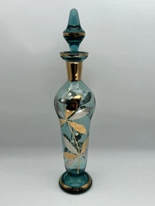 Vintage Czech Aqua Blue Glass & Gold Flowers Decanter W/Stopper Almost 14” - Picture 1 of 14