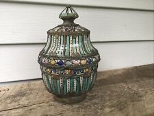 MOROCCAN Hand Painted 6.5" Decorative Silver Overlay Porcelain Lidded URN Bowl 