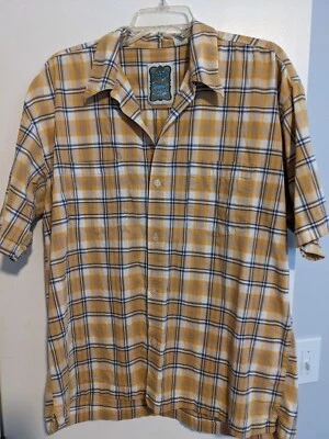 Vintage Mens Ocean Current Button Blue yellow Plaid short Sleeve Shirt  Large — 第 1/4 张图片