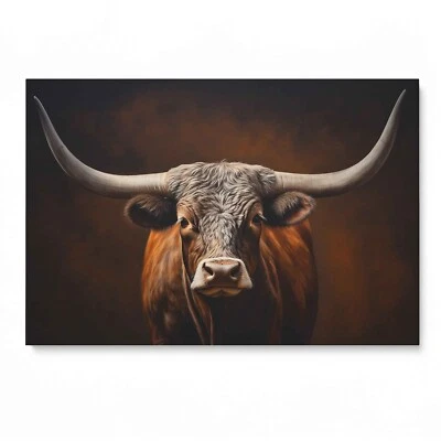 Texas Longhorn Leinwandbild, Wandbild Druck, Kuh Rind Tier Gemälde, Wandkunst - Bild 1 von 4