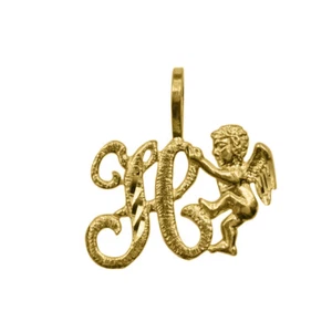 Genuine 14k Yellow Gold 0.59" Cherub and Cursive Script Initial Letter H Pendant - Picture 1 of 5