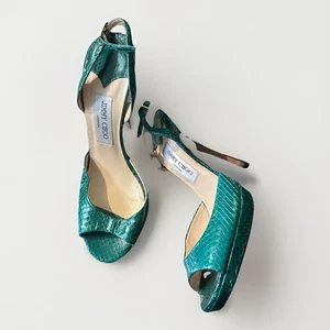 Jimmy Choo Linda Leather Green Python Snake Platform Heels Ankle Strap Pumps 39 - Picture 1 of 15