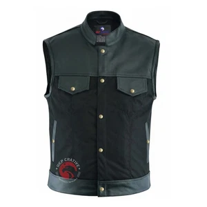 Black Leather & Cotton Biker Vest – SOA Style Motorcycle Club Riding Waistcoat - Picture 1 of 7