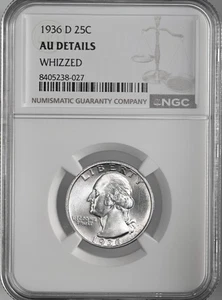 1936-D 25C WASHINGTON SILVER QUARTER DENVER NGC AU DETAILS "WHIZZED" 8405238-027 - Picture 1 of 4