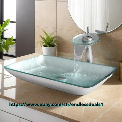 Juego de fregadero de lavabo de baño rectangular negro lavabo grifo de cascada de drenaje emergente Foto 1 de 4