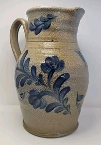 1999 Rowe Pottery pitcher blued salt glaze 11-1/2" tall flowers historical - Picture 1 of 11