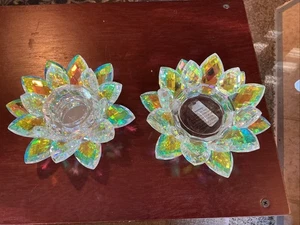 NWT Iridescent Crystal Lotus Candle Holders - Pair - Votive Tea Light Decor - Picture 1 of 10