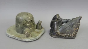 2p Vintage Alaskan Canadian Native Inuit soapstone carving lot signed Dimu Igloo - Picture 1 of 7