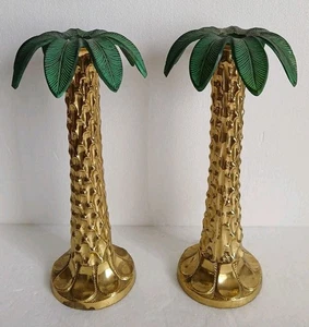 Candelabros de palmera de latón pesado vintage verde dorado 10" - Imagen 1 de 14