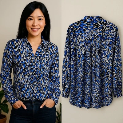 Talbots Nantucket 2X Blue Black Abstract Animal Print Blouse Classic Chic Office - Image 1 of 4