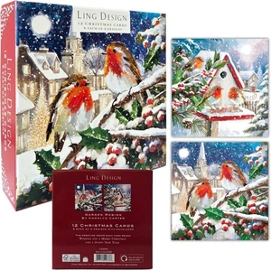 Red Breast Robins Festive Art Deluxe Box of 12 Christmas & New Year Cards - 135  - Picture 1 of 6