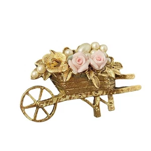 Vintage Wheelbarrow Brooch Pin Pink Rose Faux Pearl Gold Tone 1.75" Gift Box - Picture 1 of 10