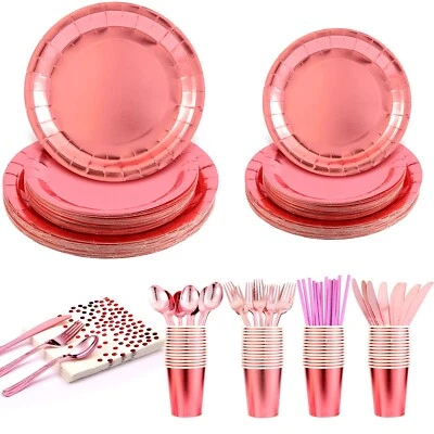 400PCSRose Gold Party Supplies Plates, Cups, Cutlery, Napkins, Straws, 50 Guests - Image 1 of 4