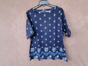 *NEW* Karen Scott Dark Blue with Floral Print Boat Neck Elbow Sleeves Top 1X - Imagen 1 de 4