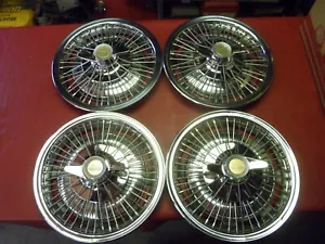 VINTAGE 1966-67 PONTIAC GTO LEMANS TWO BAR WIRE SPINNER 14" HUBCAPS WHEEL COVERS - Picture 1 of 10