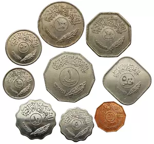 IRAQ SET DI 9 MONETE 1 FILS - 1 DINARO 1959 - 1990 PALME UNC - Foto 1 di 2