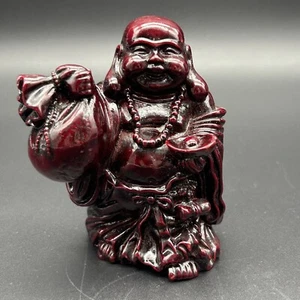 Figura Buda Hotei Estatuilla Caoba Rojo Resina 4" Alto Feliz Suerte Risa Sonrisa - Imagen 1 de 9