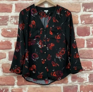 Guess 1981 Top Womens Small Black Red Multicolor Floral Abstract Pocketed Shirt - Picture 1 of 8