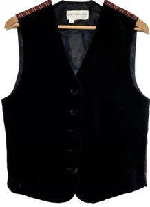 Vintage Liz Claiborne Black Velvet Vest Size 10 Red Gold Stripe Silk Tie Back - Picture 1 of 7
