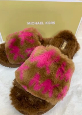 Michael Kors Janis Faux Fur Slide Sandals Size 9M Brown/Pink NWT - Image 1 of 4