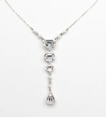 Givenchy Silver Tone Drop Crystal Teardrop Faux Pearl Pendant 17" Long Necklace - Image 1 of 4
