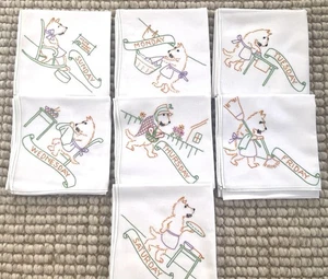 Vintage Embroidered Tea Towels-  Dogs Days of the Week-  Set of 7 - Picture 1 of 8