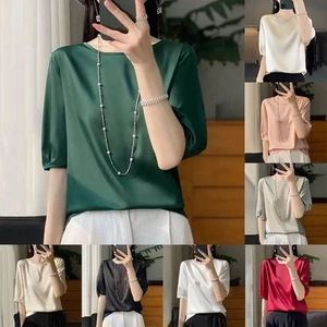 Womens Casual Loose Satin T Shirt O Neck Short Sleeve for Everyday Use - Picture 1 of 22