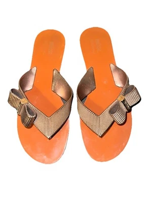 Melissa + JASON WU women's Brown Gold RIBBON BOW Flip Flop Thing Sandals Size 8 - Image 1 of 4