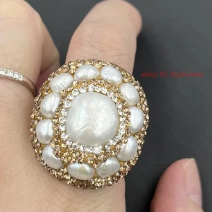 Schöner natürlicher weißer Barock Perle vergoldeter Intarsien Ring größenverstellbar - Bild 1 von 5