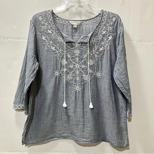 Studio Works Peasant Blouse Women's PXL Blue Striped Embroidered Tassel Boho - Picture 1 of 12