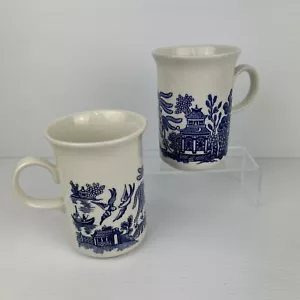 Pair Churchill Vintage Ceramic Mugs Blue Willow England Chinoiserie Bluebirds - Picture 1 of 13
