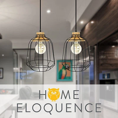 Modern Cafe Industrial Wood Timber Black Iron Cage Hanging Ceiling Pendant Light - Image 1 of 2