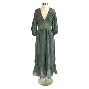 Free People Golden Hour Green Pink Plaid Tiered Ruffle Maxi Dress Medium NWOT - Picture 1 of 4
